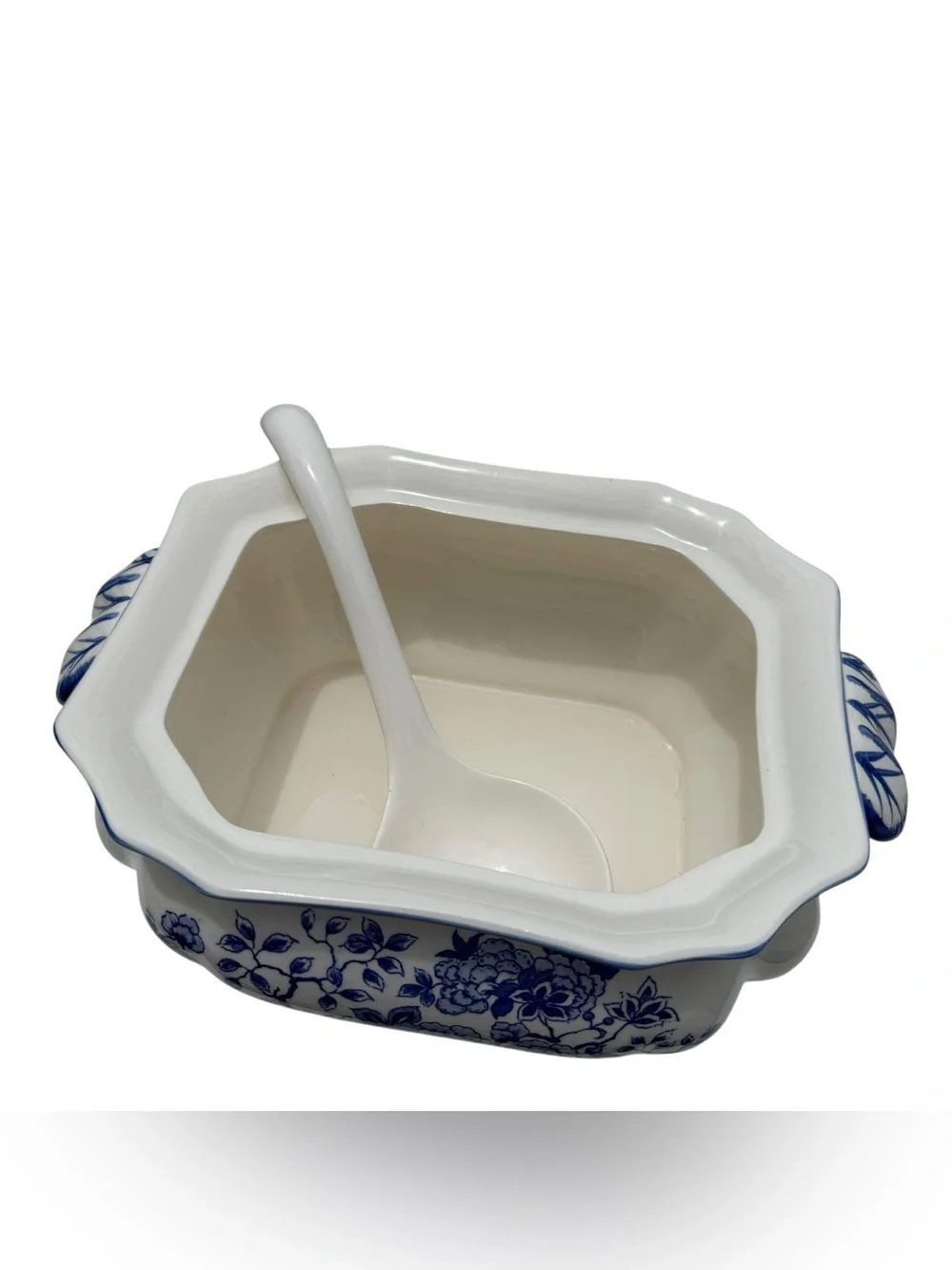 Vintage Blue White Chinoiserie Soup Tureen Ladle Lidded Serving Bowl Floral